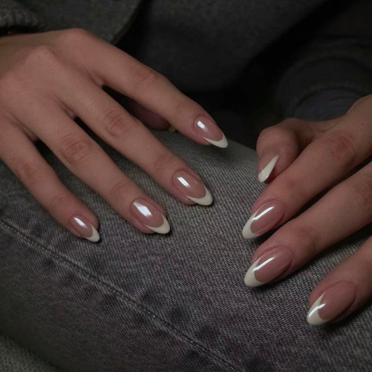 Short round nails inspired by Hailey Bieber nails design, featuring trendy and versatile designs