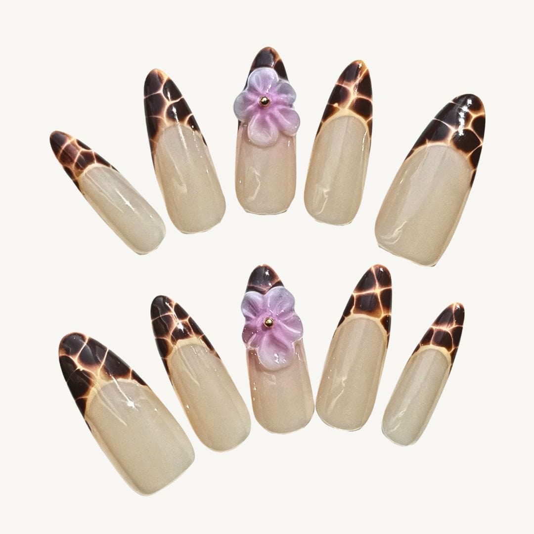 Brown Tip Nails with French Tip Flower